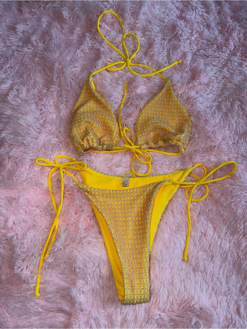 Yellow Crochet Overlay Triangle String Bikini Set Size Medium Boho Swimwear